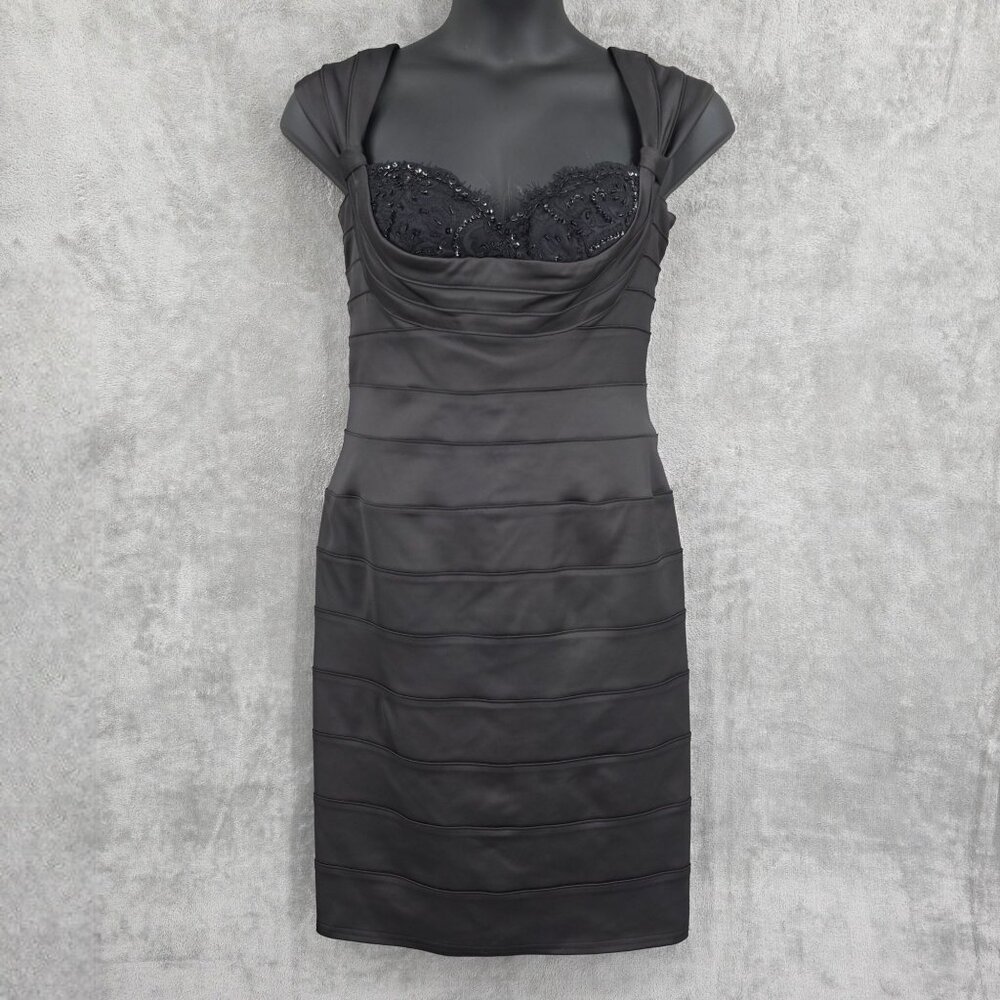 Tadashi Shoji Cocktail Sheath Dress 10 Black Beaded Lace Sweetheart Satin New
